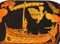 Одиссей и сирены. Роспись на аттическом чернолаковом сосуде. Около460-е гг. до н